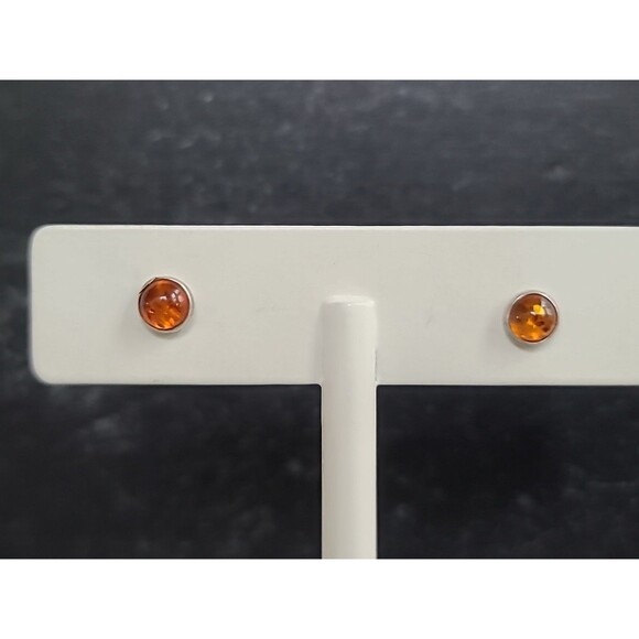 925 Sterling Silver Real Amber Circular Stud Earrings Vintage - Picture 3 of 10